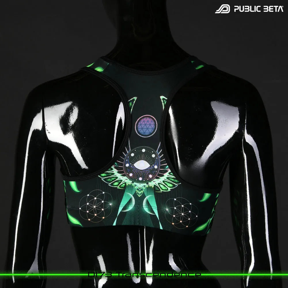 Active top with UV-reactive printed graphics, photographed in natural light
