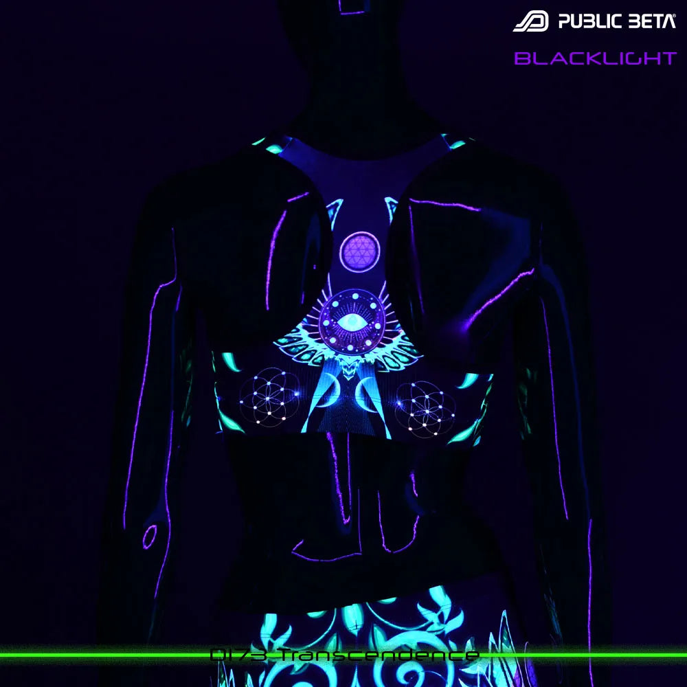 Active top with UV-reactive graphics glowing under blacklight
