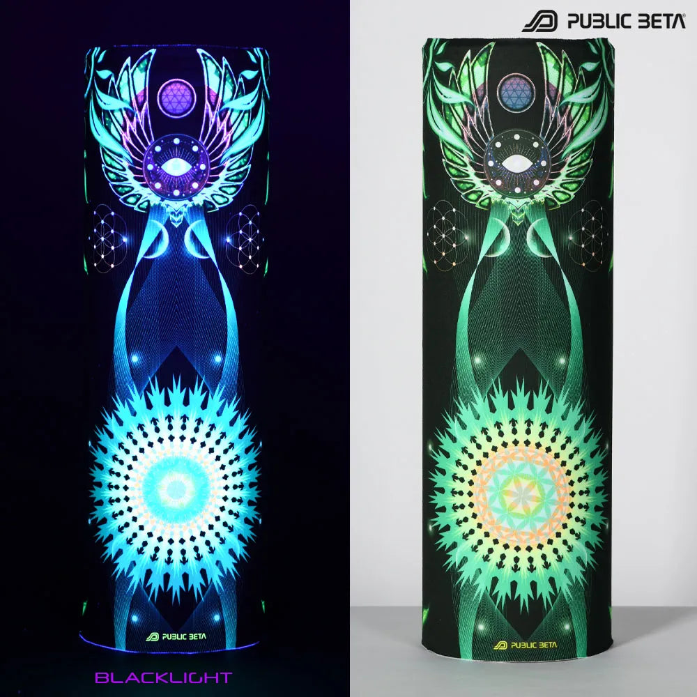 Split image of a tube scarf with uv-reactive graphics shown in natural light and glowing under blacklight