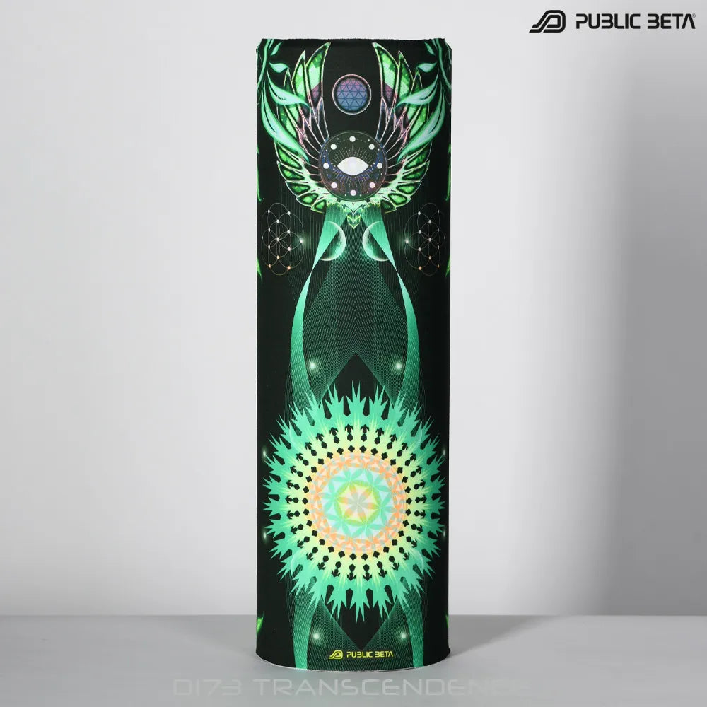 Tube scarf with organic UV-reactive print, photographed in natural light