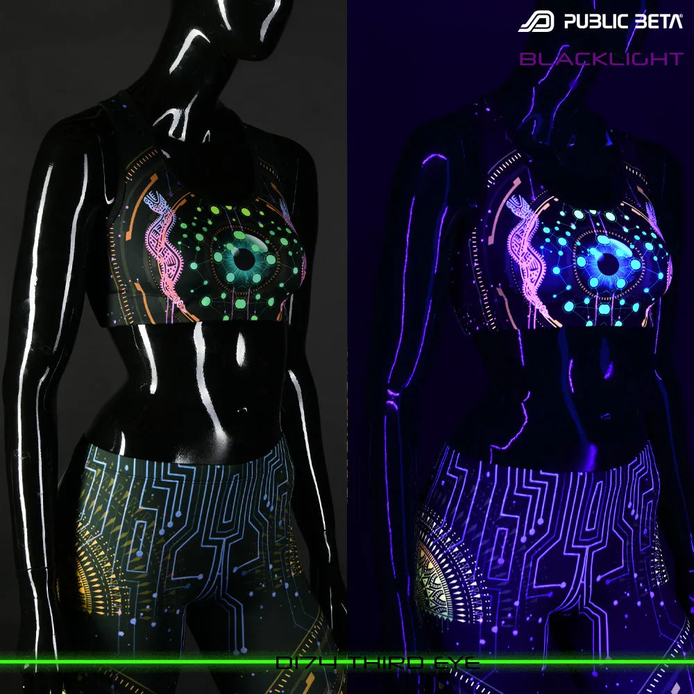 Split image of a sports bra with uv-reactive graphics shown in natural light and glowing under blacklight