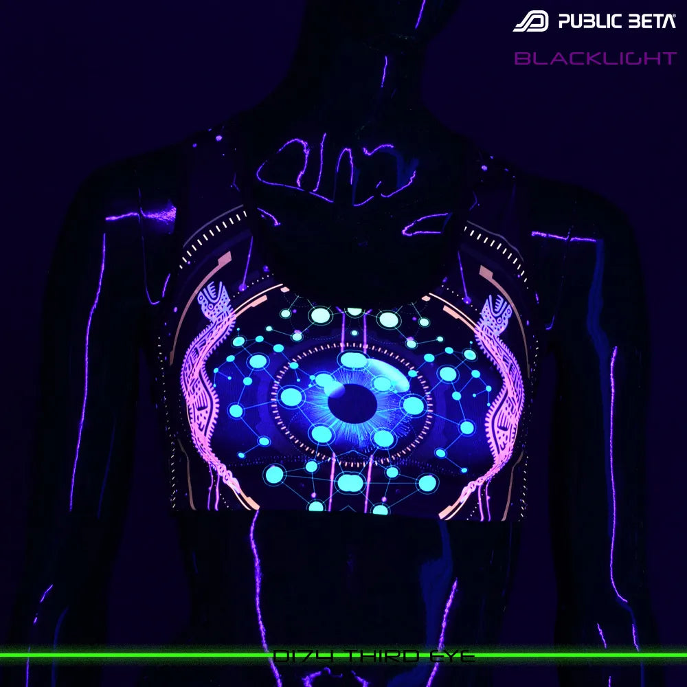 Active top with UV-reactive futuristic print glowing under blacklight
