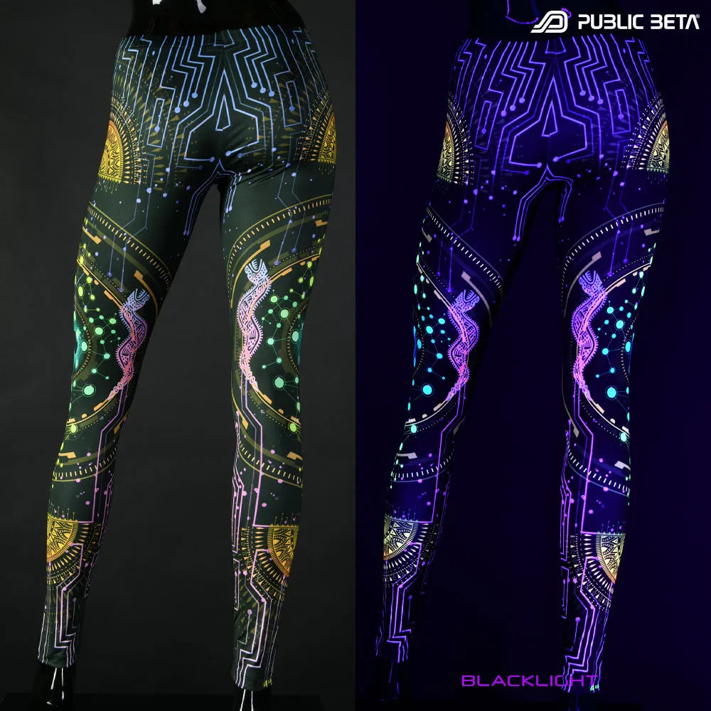 Uv reactive psychedelic art printed leggings shown in natural light and glowing under blacklight split image view