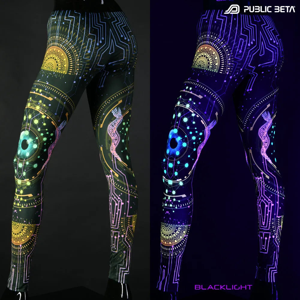 Uv reactive psychedelic art printed leggings shown in natural light and glowing under blacklight split image view