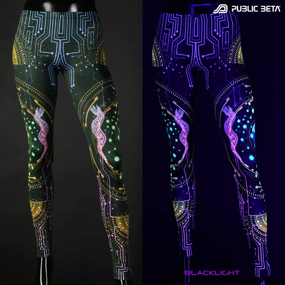 Uv reactive psychedelic art printed leggings shown in natural light and glowing under blacklight split image view