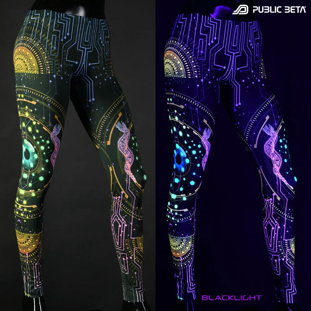 Uv reactive psychedelic art printed leggings shown in natural light and glowing under blacklight split image view