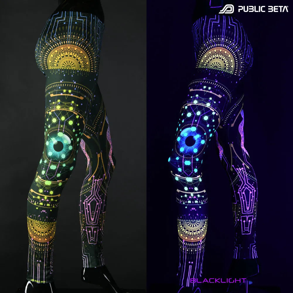 Uv reactive psychedelic art printed leggings shown in natural light and glowing under blacklight split image view