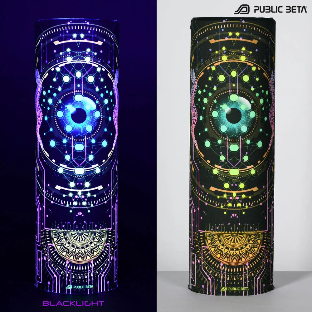 split image of a tube scarf with uv-reactive graphics shown in natural light and glowing under blacklight
