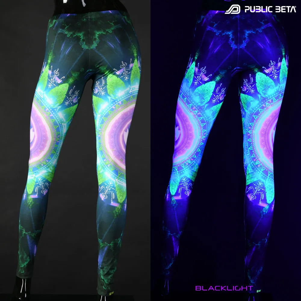 Uv reactive psychedelic art printed leggings shown in natural light and glowing under blacklight split image view