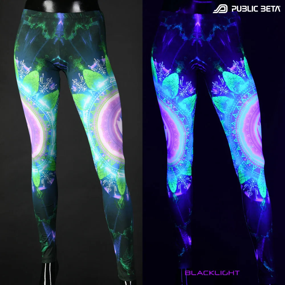 Uv reactive psychedelic art printed leggings shown in natural light and glowing under blacklight split image view