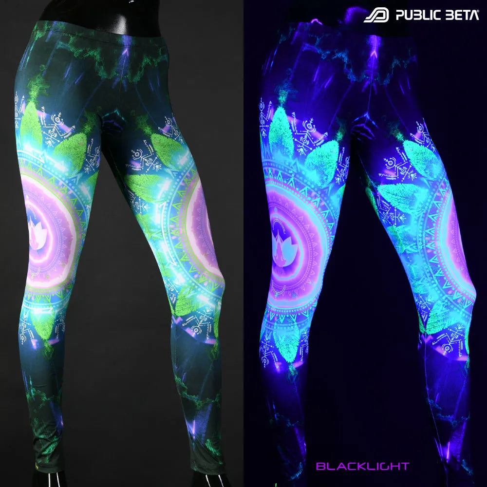 Uv reactive psychedelic art printed leggings shown in natural light and glowing under blacklight split image view