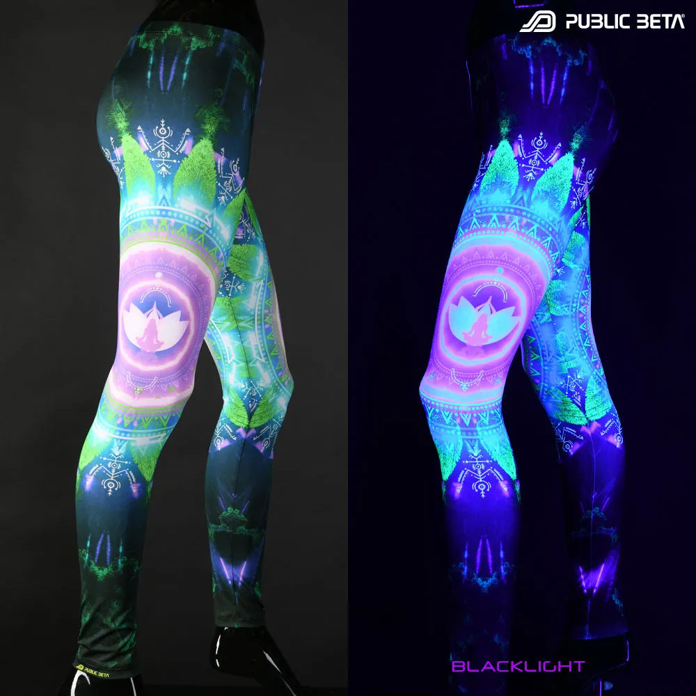 Uv reactive psychedelic art printed leggings shown in natural light and glowing under blacklight split image view
