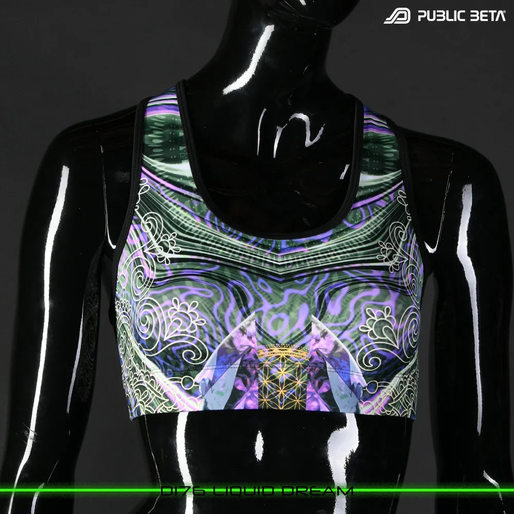 Active top with organic UV-reactive print, photographed in natural light