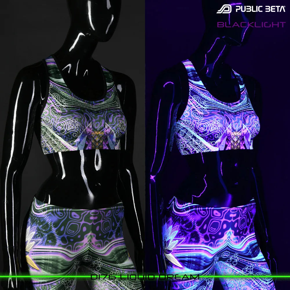 Split image of a sports bra with uv-reactive graphics shown in natural light and glowing under blacklight