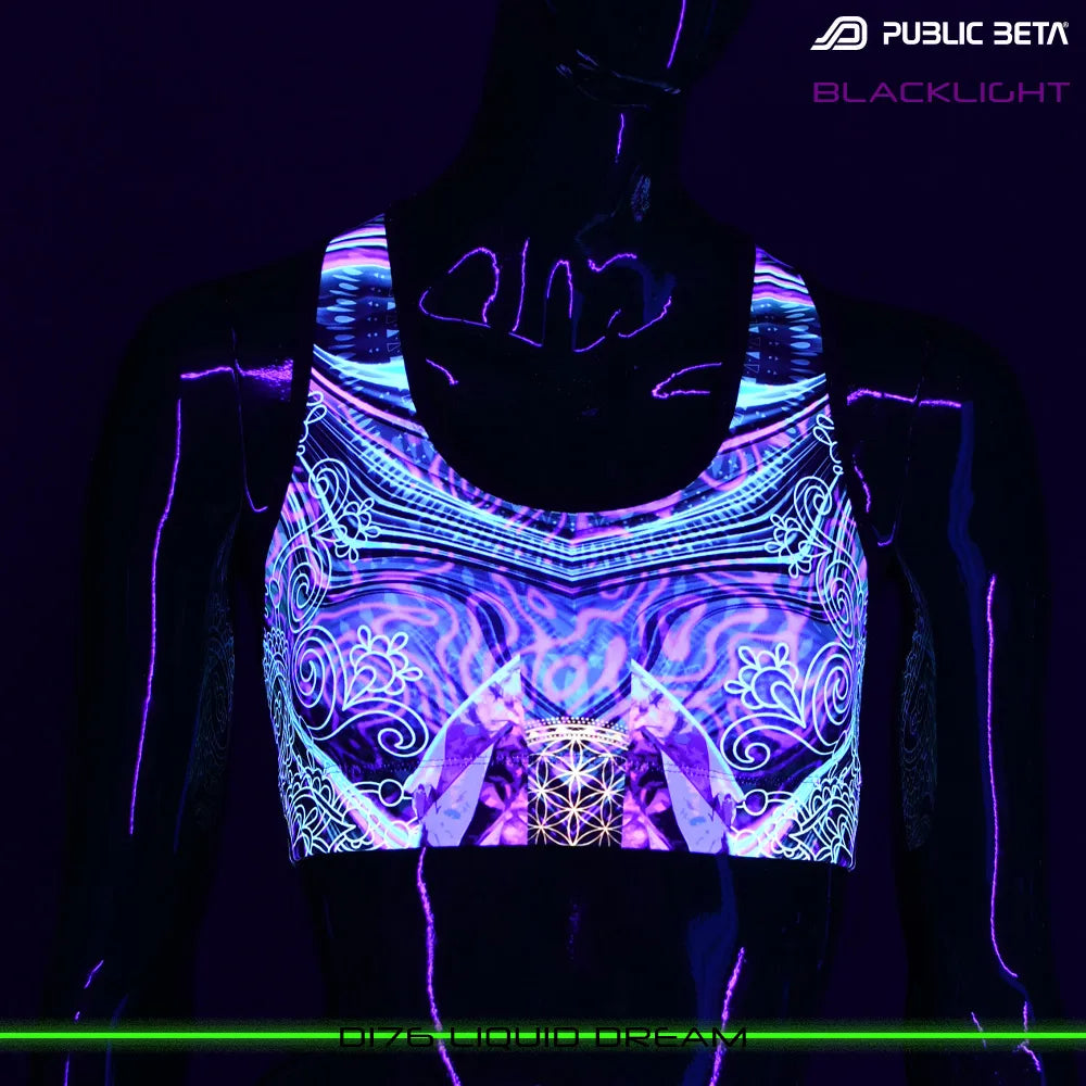 Active top with organic UV-reactive print glowing under blacklight