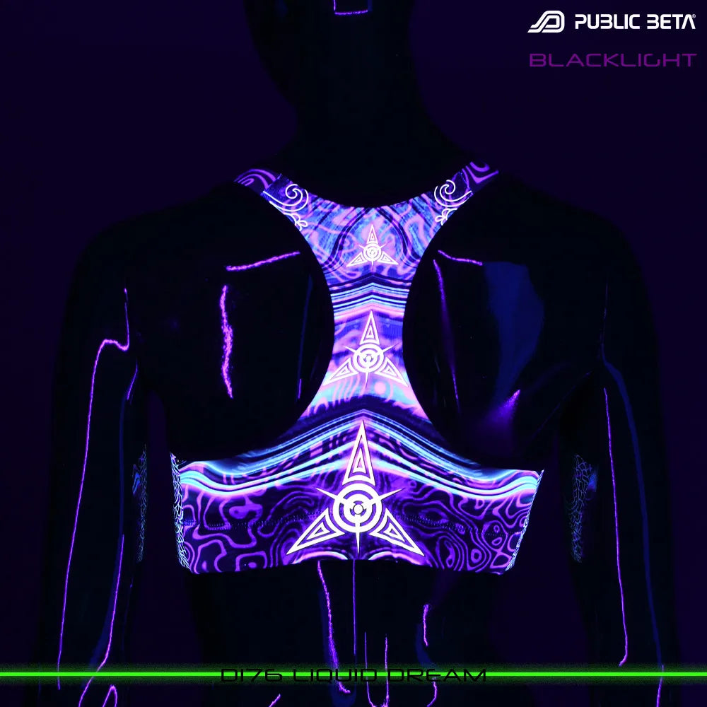 Active top with organic UV-reactive print glowing under blacklight