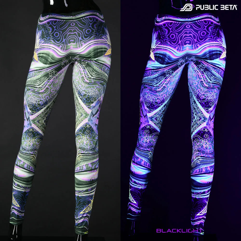 Uv reactive psychedelic art printed leggings shown in natural light and glowing under blacklight split image view