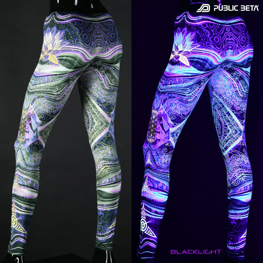 Uv reactive psychedelic art printed leggings shown in natural light and glowing under blacklight split image view