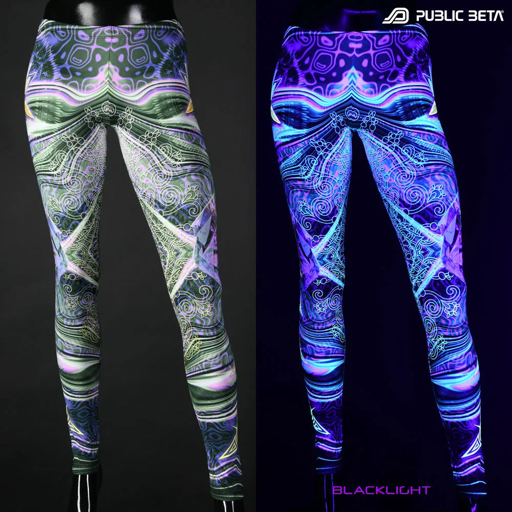 Uv reactive psychedelic art printed leggings shown in natural light and glowing under blacklight split image view