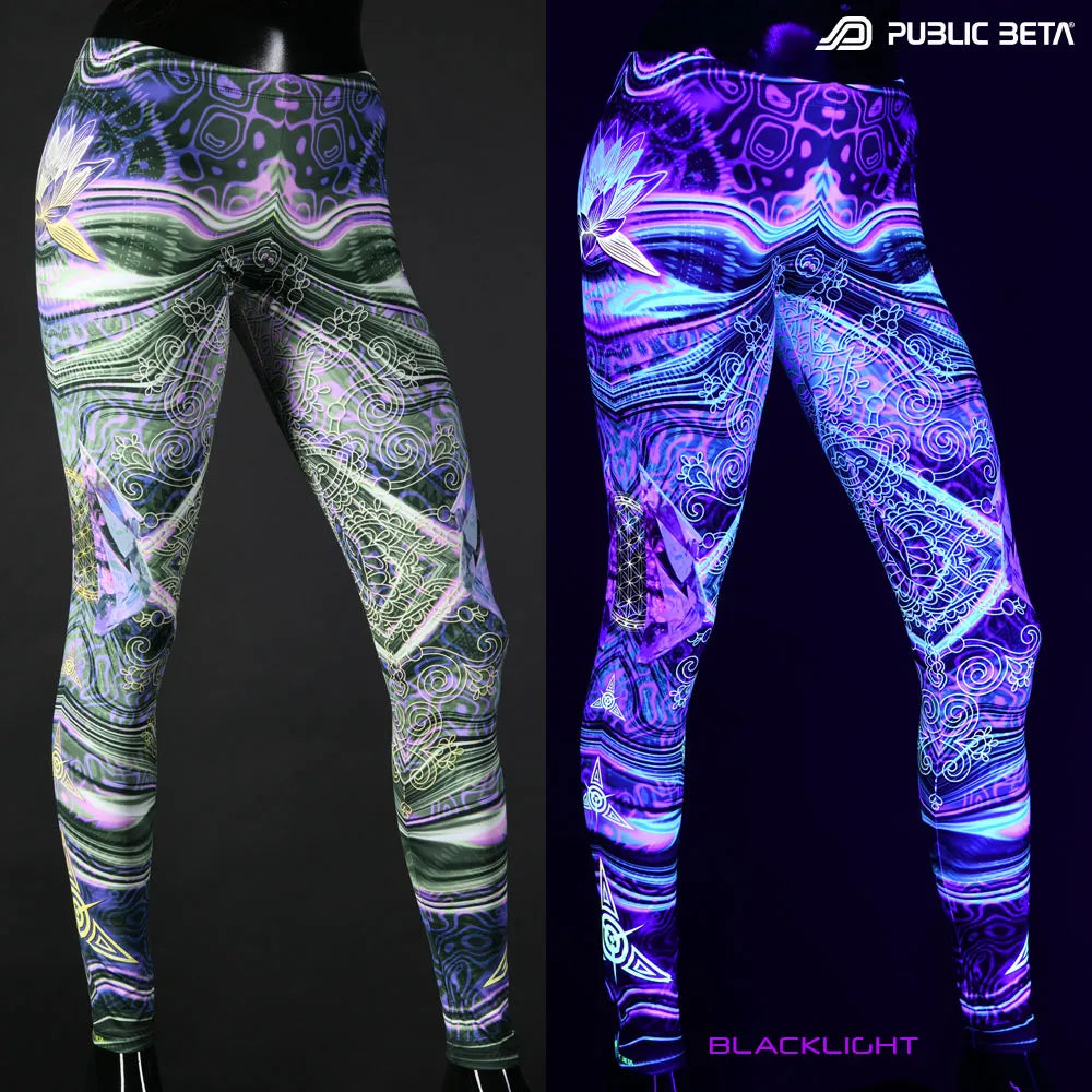 Uv reactive psychedelic art printed leggings shown in natural light and glowing under blacklight split image view
