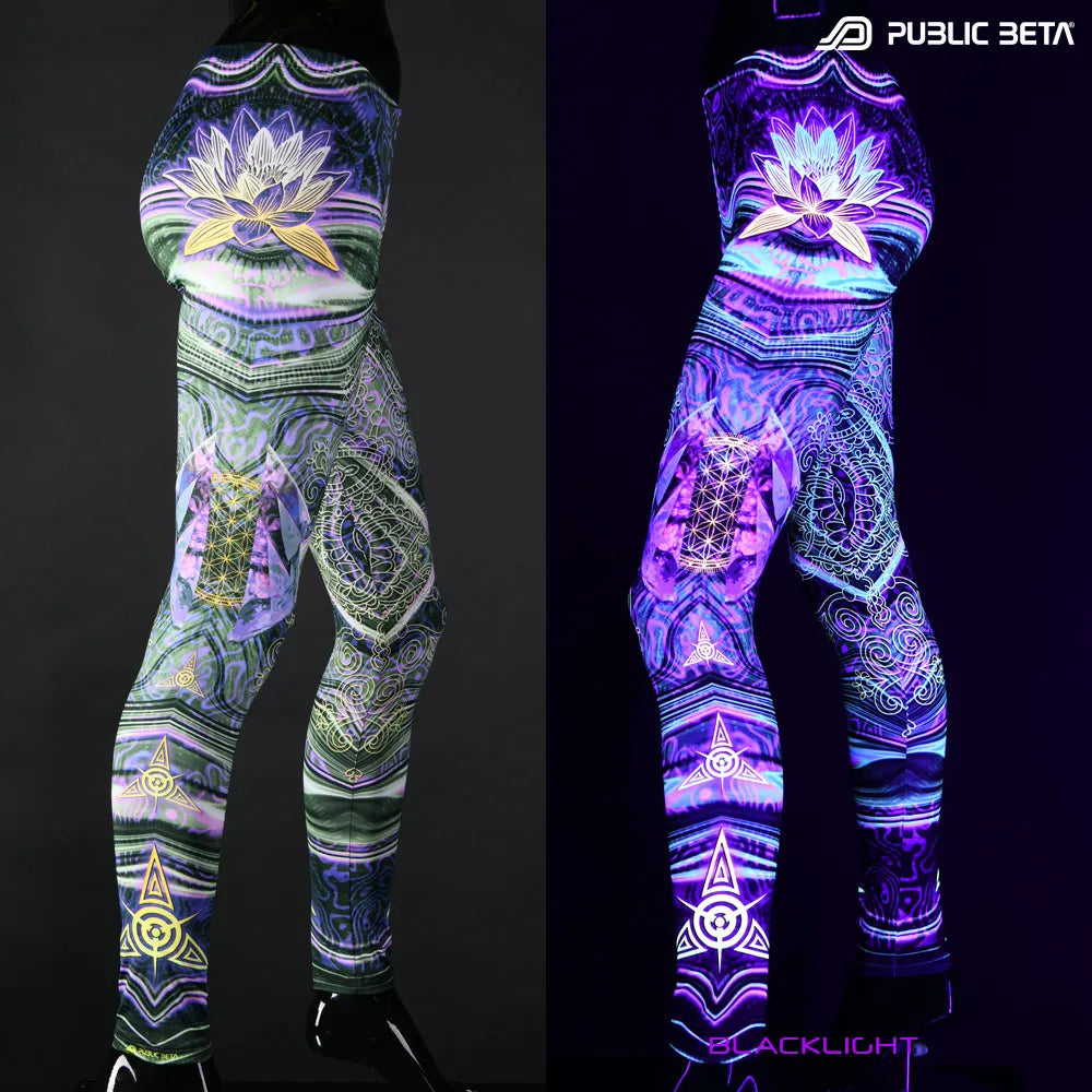 Uv reactive psychedelic art printed leggings shown in natural light and glowing under blacklight split image view
