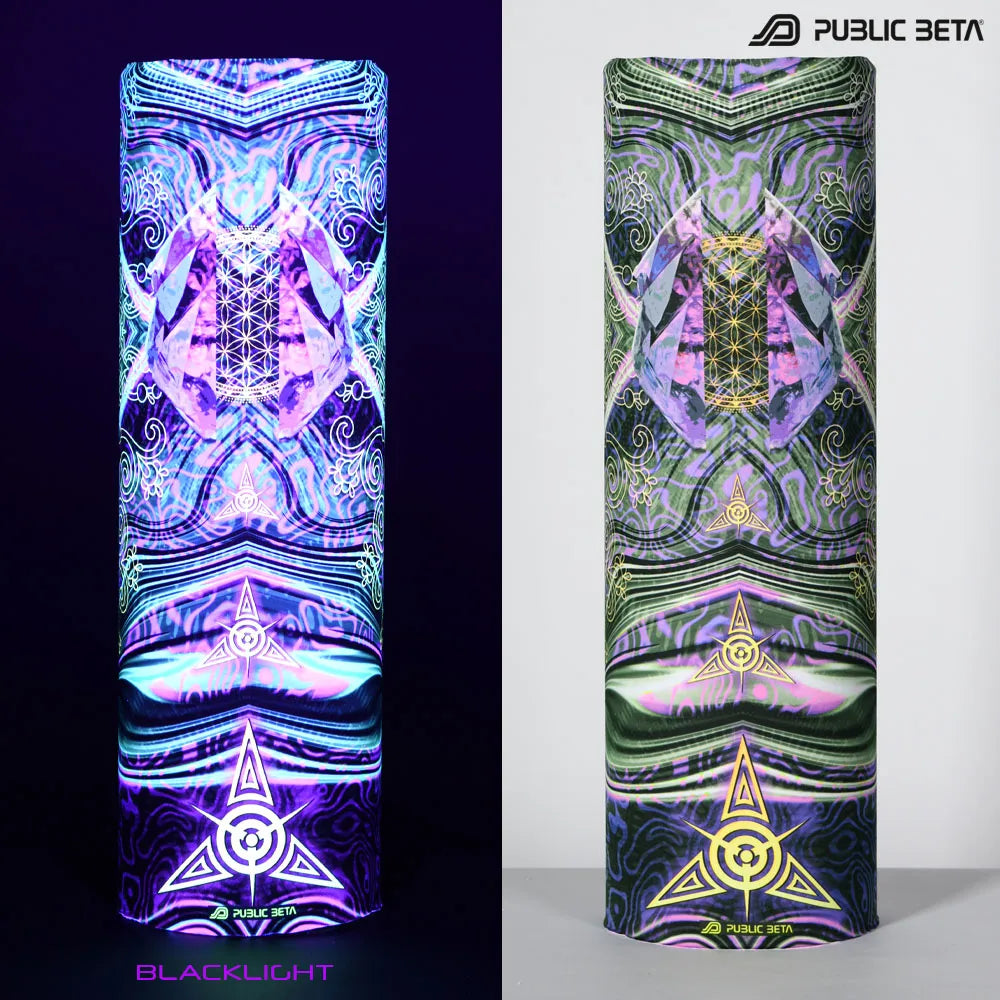 split image of a tube scarf with uv-reactive graphics shown in natural light and glowing under blacklight