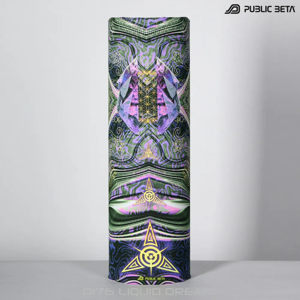Tube scarf with organic UV-reactive print, photographed in natural light