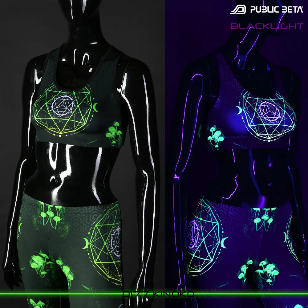 Split image of an active top with uv-reactive graphics shown in natural light and glowing under blacklight