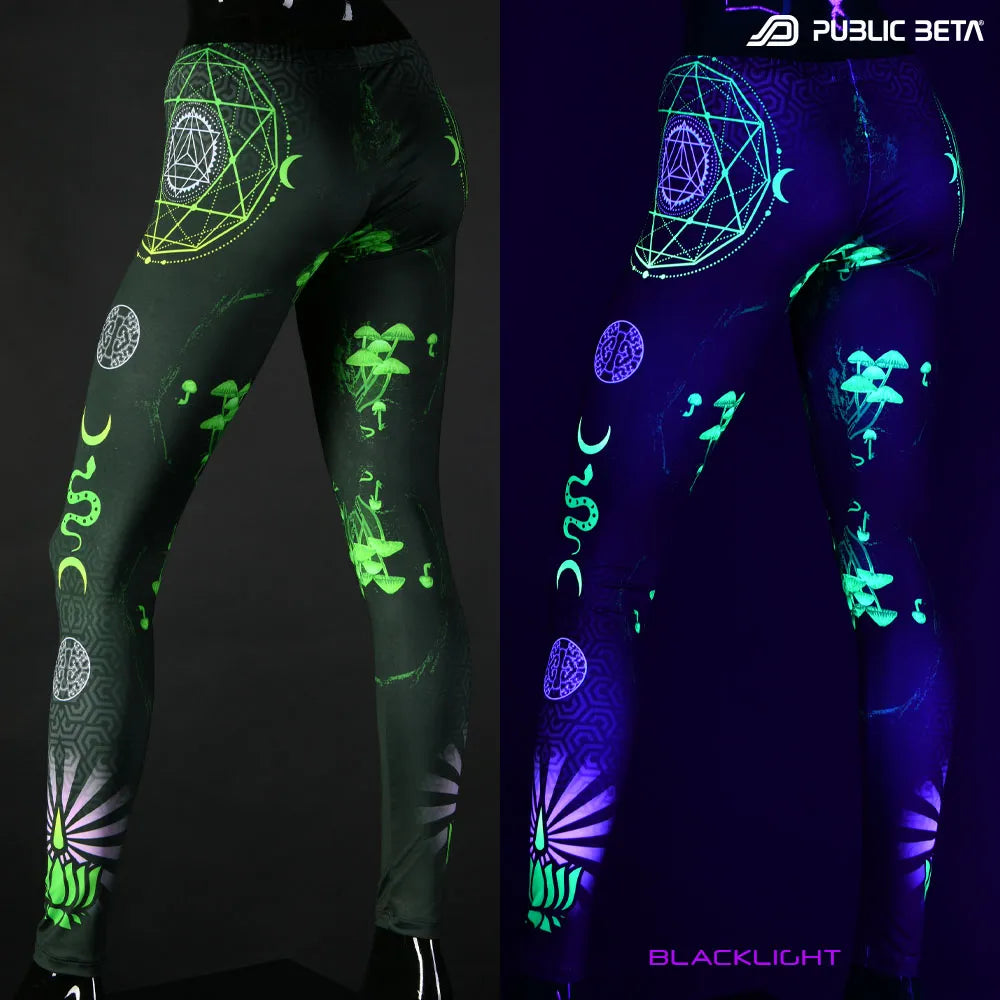 Uv reactive psychedelic art printed leggings shown in natural light and glowing under blacklight split image view