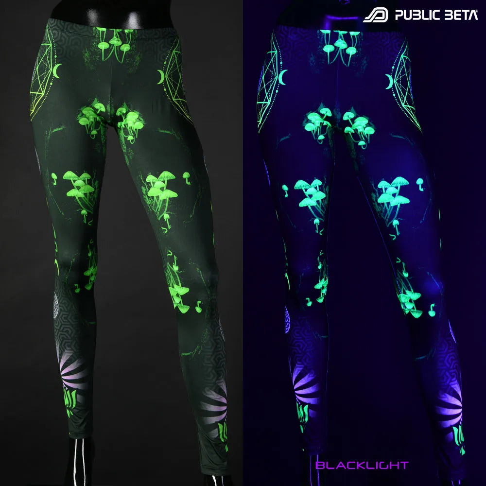 Uv reactive psychedelic art printed leggings shown in natural light and glowing under blacklight split image view