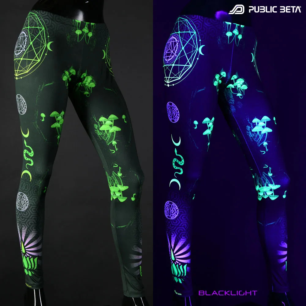 Uv reactive psychedelic art printed leggings shown in natural light and glowing under blacklight split image view