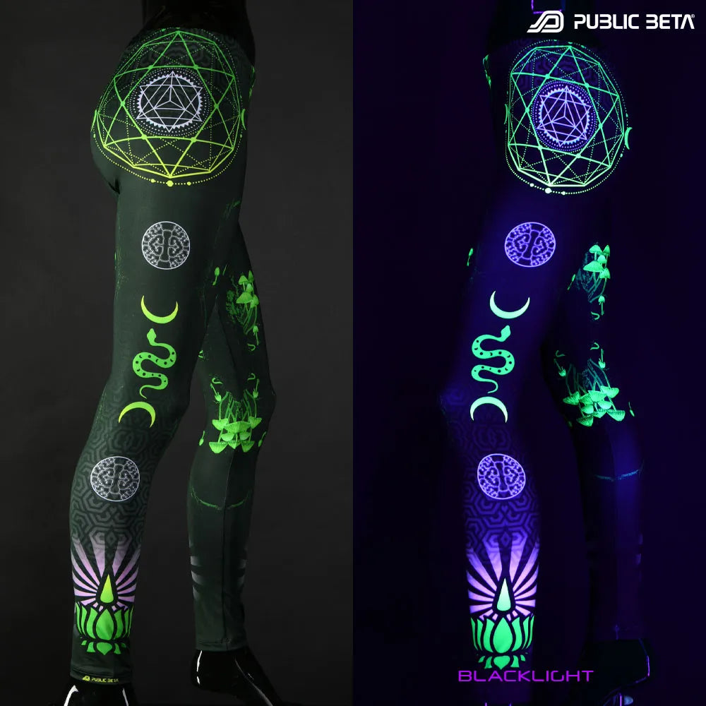Uv reactive psychedelic art printed leggings shown in natural light and glowing under blacklight split image view