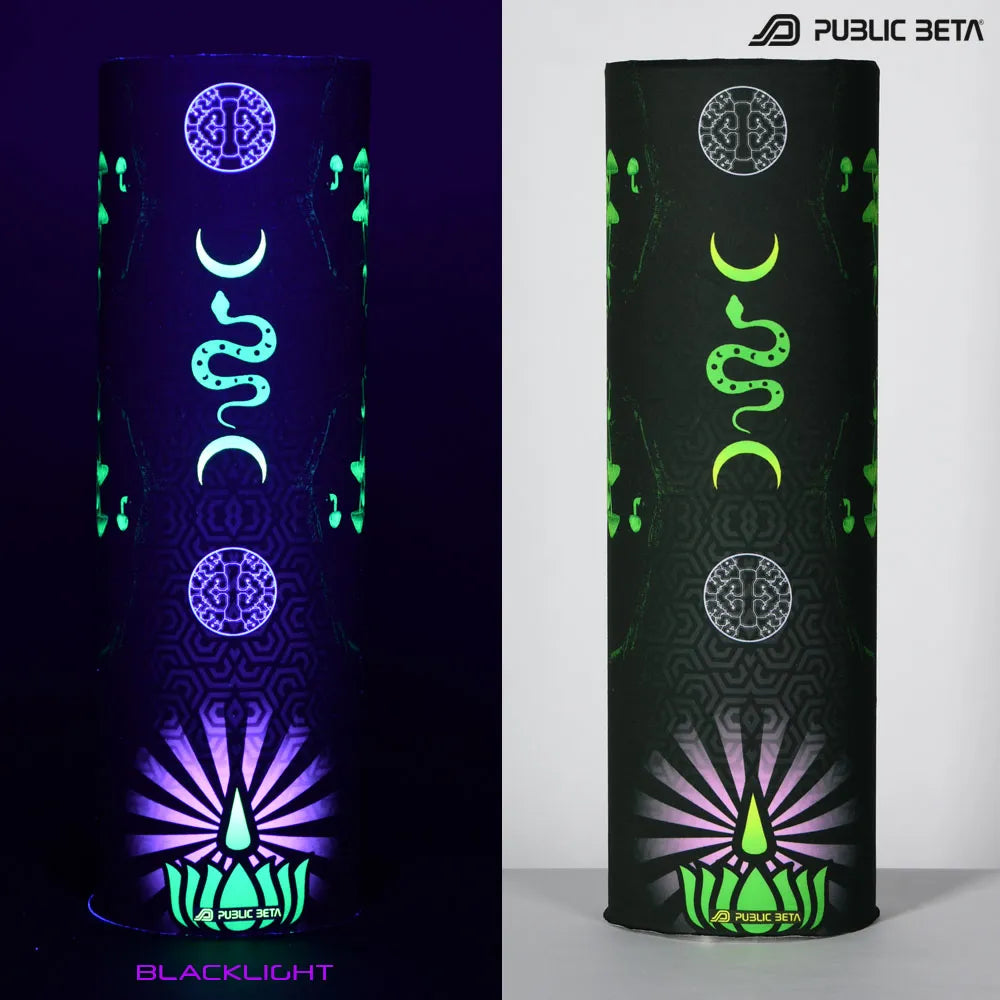 split image of a tube scarf with uv-reactive graphics shown in natural light and glowing under blacklight