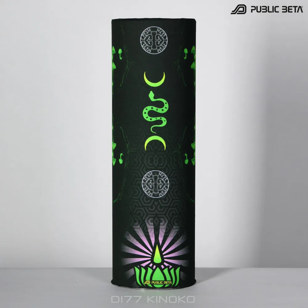 Tube scarf with UV-reactive futuristic graphics, photographed in natural light