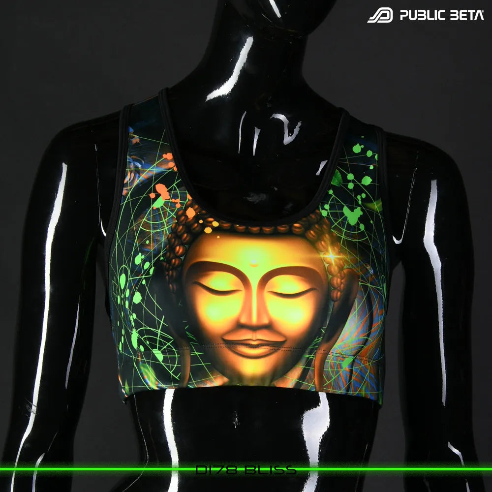Active top with UV-reactive printed graphics, photographed in natural light