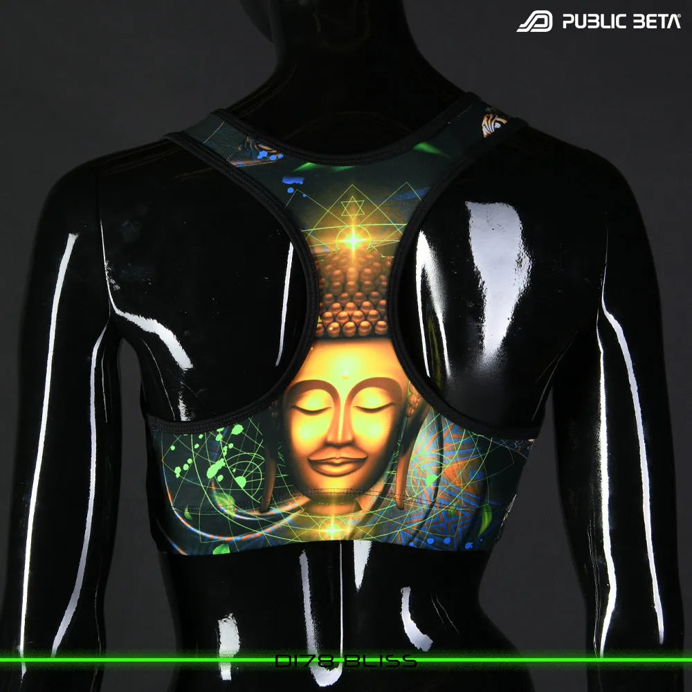 Active top with UV-reactive printed graphics, photographed in natural light