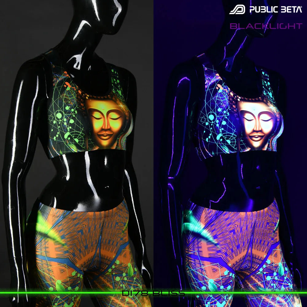 Split image of a sports bra with  uv-reactive graphics shown in natural light and glowing under blacklight