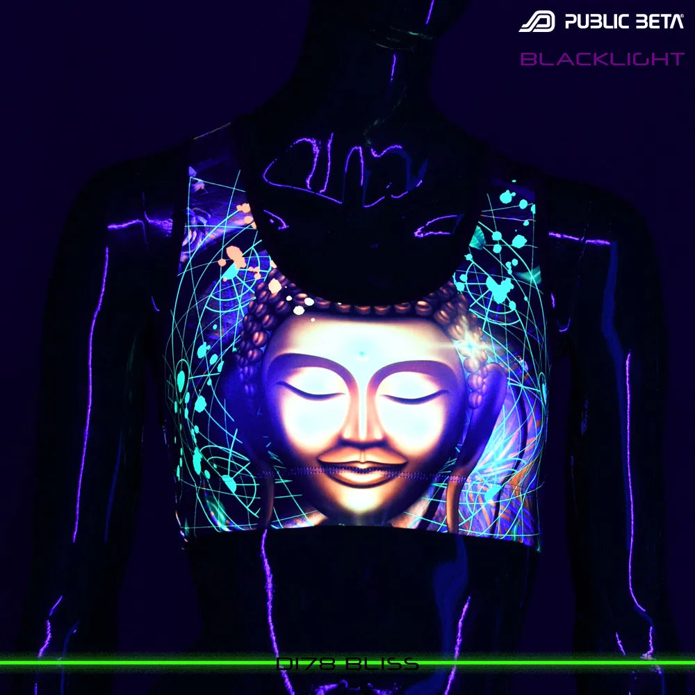 Active top with UV-reactive graphics glowing under blacklight