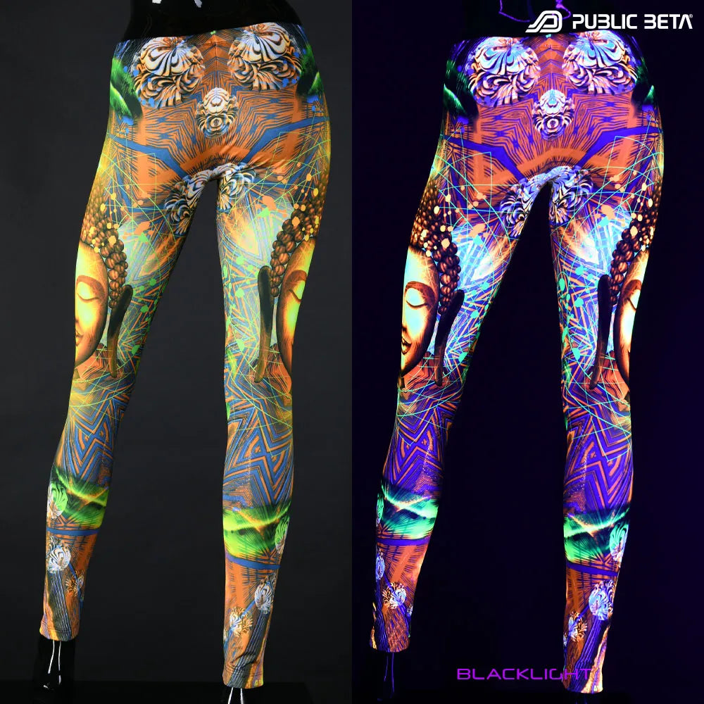 Uv reactive psychedelic art printed leggings shown in natural light and glowing under blacklight split image view
