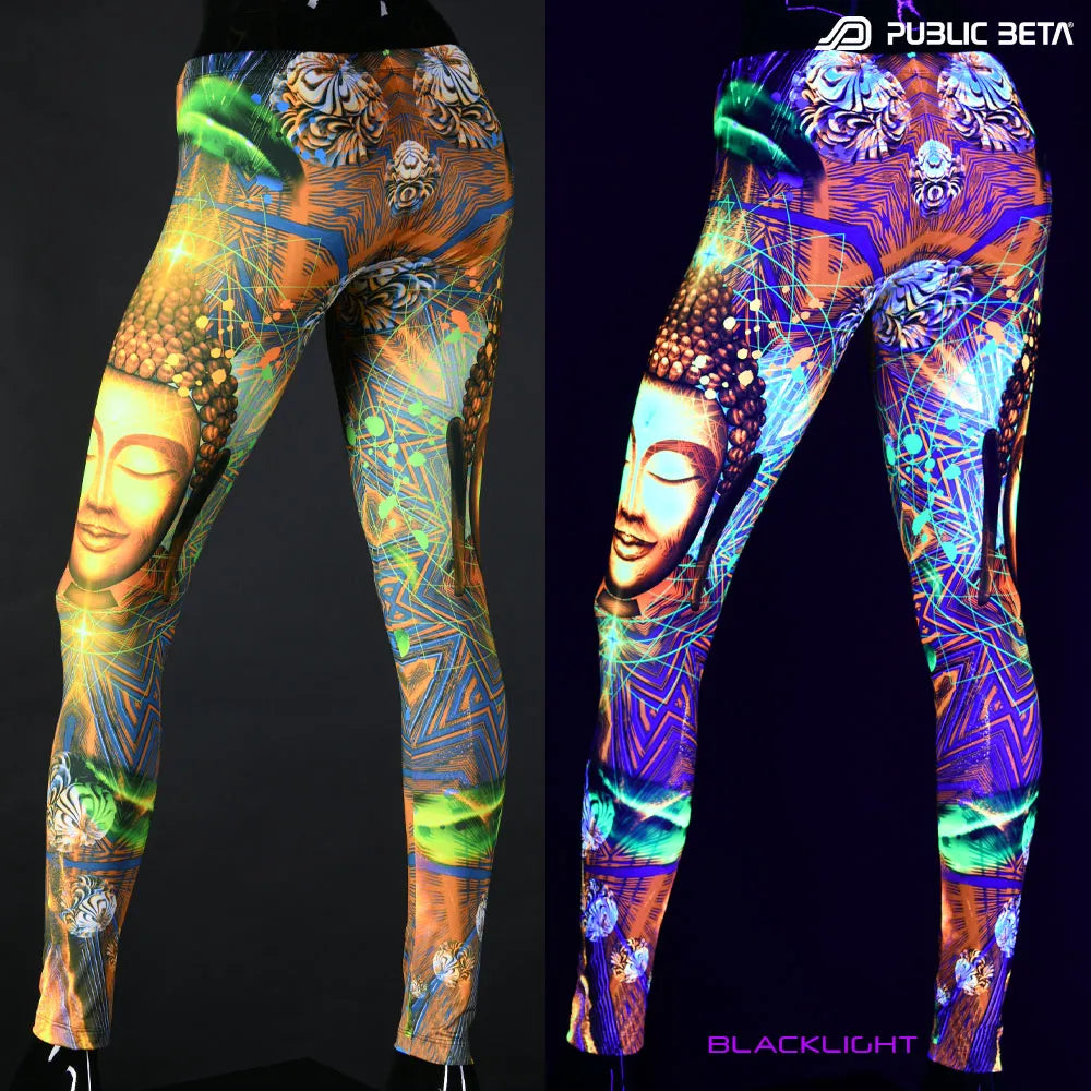 Uv reactive psychedelic art printed leggings shown in natural light and glowing under blacklight split image view