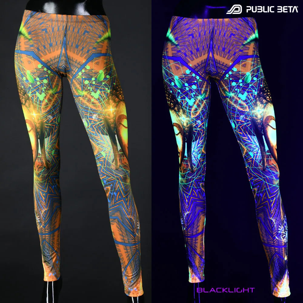 Uv reactive psychedelic art printed leggings shown in natural light and glowing under blacklight split image view