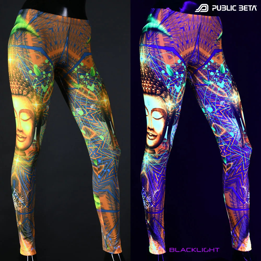 Uv reactive psychedelic art printed leggings shown in natural light and glowing under blacklight split image view