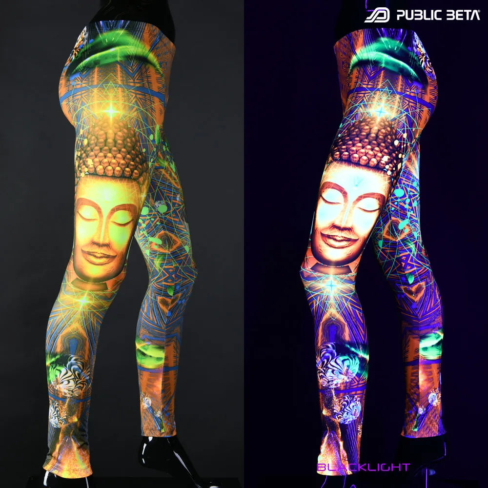 Uv reactive psychedelic art printed leggings shown in natural light and glowing under blacklight split image view