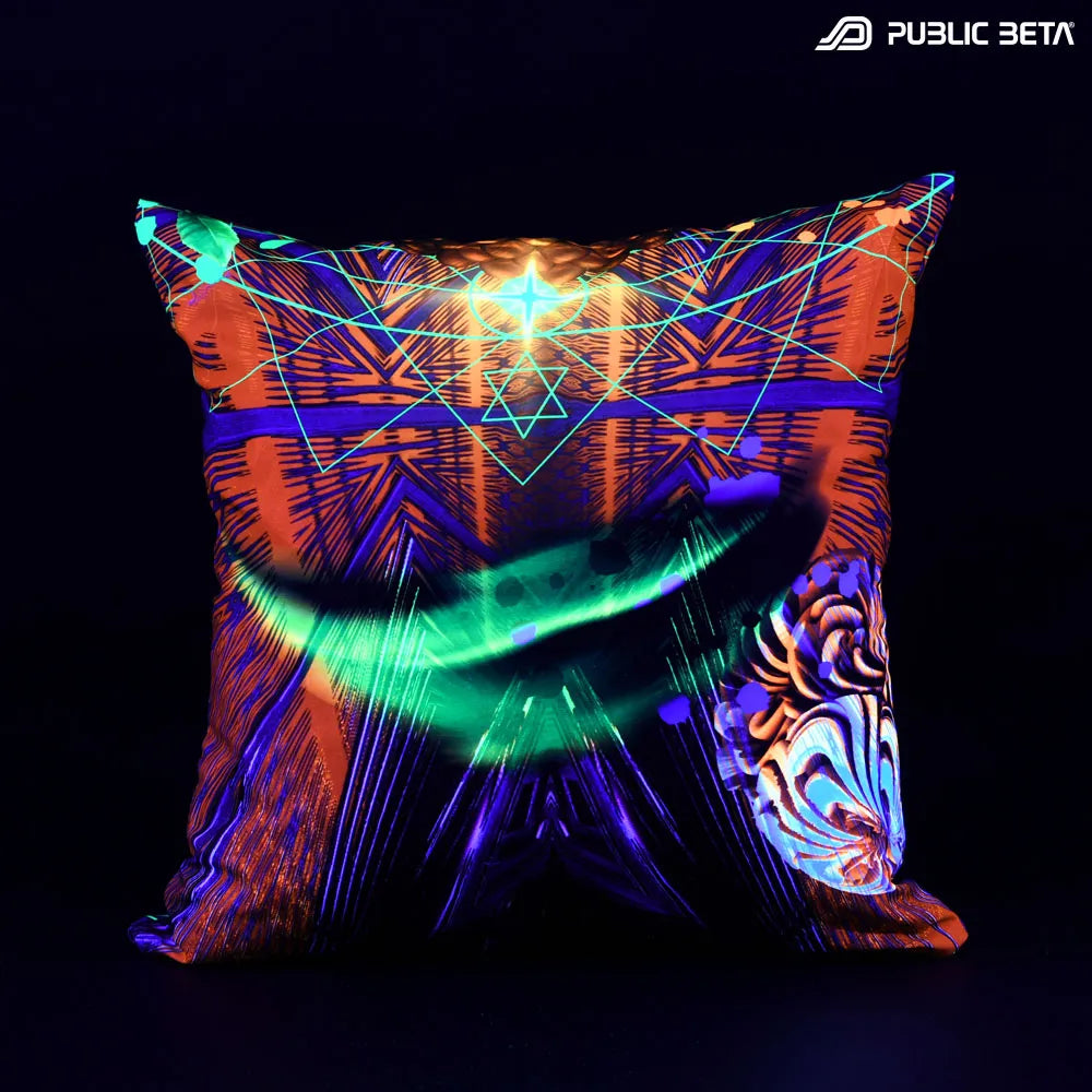 Cushion Cover with UV-reactive graphics glowing under blacklight