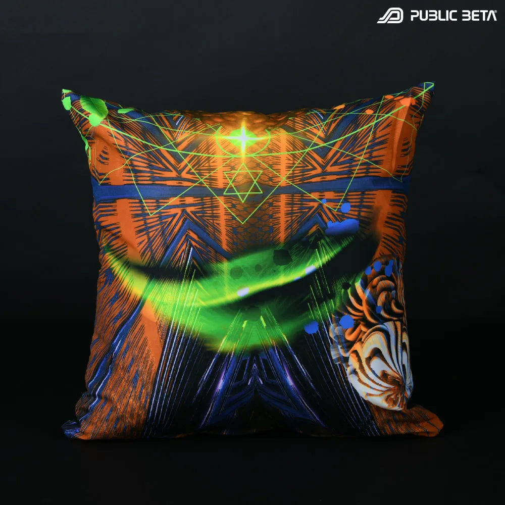 Cushion Cover with UV-reactive psychedelic art print, photographed in natural light