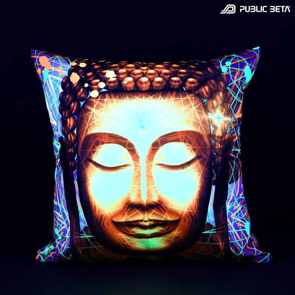 Cushion Cover with UV-reactive graphics glowing under blacklight