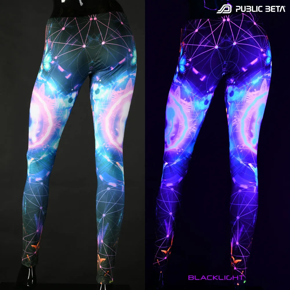 Split image of leggings with uv-reactive psychedelic art print shown in natural light and glowing under blacklight