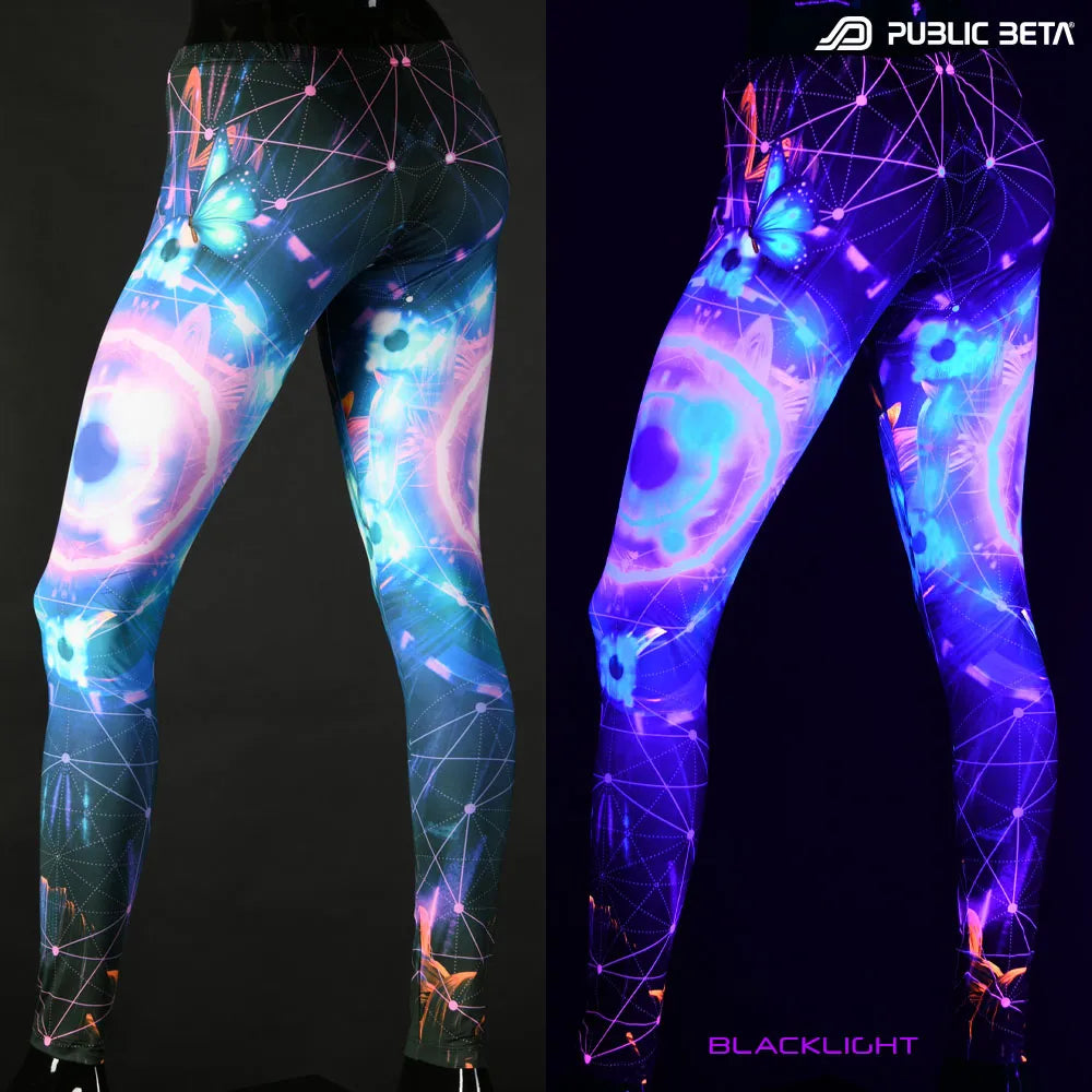 Split image of leggings with uv-reactive psychedelic art print shown in natural light and glowing under blacklight