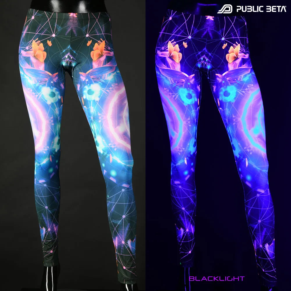 Split image of leggings with uv-reactive psychedelic art print shown in natural light and glowing under blacklight