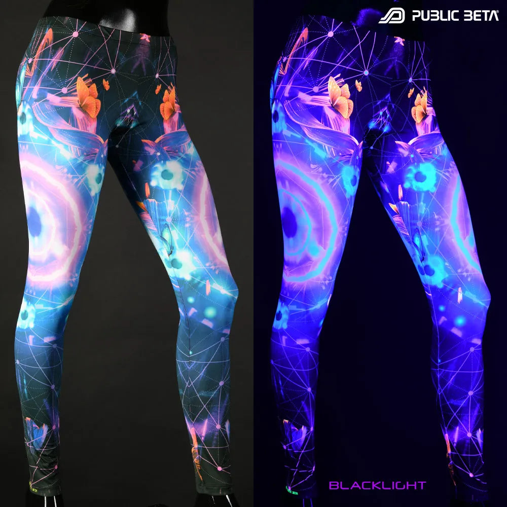 Split image of leggings with uv-reactive graphics shown in natural light and glowing under blacklight
